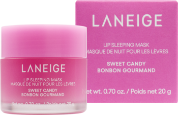 Różowa maseczka do ust LANEIGE Lip Sleeping Mask Sweet Candy w słoiczku i opakowaniu, widok z przodu.