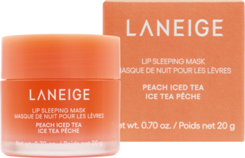 Laneige Lip Sleeping Mask Peach Iced Tea w brzoskwiniowym słoiczku i pudełku, widok z przodu.