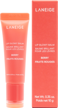 LANEIGE Lip Glowy Balm Berry w różowo-pomarańczowej tubce i pasującym pudełku, etykiety widoczne z przodu.
