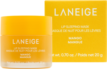Laneige Lip Sleeping Mask Mango w żółtym słoiczku i pasującym pudełku, z białym napisem, widok z przodu.