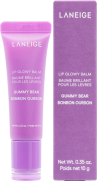 LANEIGE Lip Glowy Balm Gummy Bear, fioletowy balsam do ust w tubce z przezroczystą zakrętką i dopasowane pudełko.
