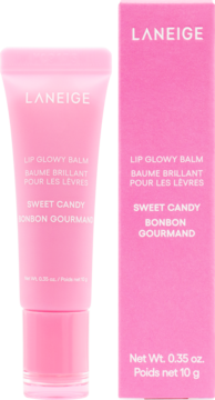 Różowy balsam do ust LANEIGE Lip Glowy Balm Sweet Candy w tubce i jego pudełko obok siebie.