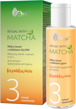 Ava Ritual with Matcha Milky toner brzoskwiniowy w pomarańczowej butelce i zielono-białym kartoniku. Etap 3: nawilżenie.