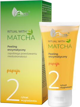Ava Ritual With Matcha Papaja peeling enzymatyczny. Tubka i pudełko w zielono-żółtym kolorze, z numerem 2.