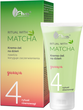 Zielony krem-żel Ava Ritual Matcha Guawa na dzień w tubce i pudełku, korygujący zaczerwienienia, z numerem 4.