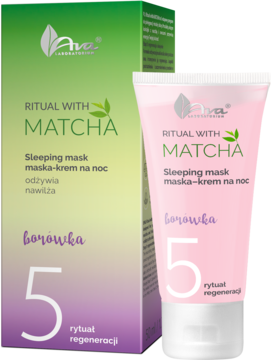Ava Ritual Matcha Sleeping Mask blueberry regenerująca maska na noc, różowa tubka z zielono-fioletowym pudełkiem, widok z przodu.