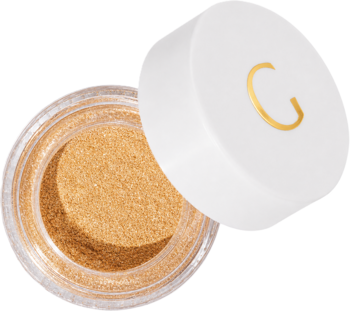 Pigment Glamtes Champagne Kiss, otwarty słoiczek z perłowo-szampańskim sypkim rozświetlaczem i białą nakrętką z logo.