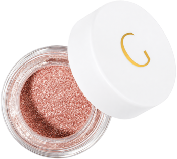 Pudrowy pigment Glamtes Pink Velvet w otwartym szklanym słoiczku z białą nakrętką z literą C, różowy, perłowy blask.
