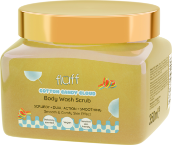 Fluff Cotton Candy Cloud Body Wash Scrub 250ml w żółtym słoiku z nakrętką, widok z przodu. Wegański.