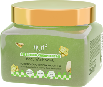 Fluff Pistachio Cream Dream Body Wash Scrub w zielonym słoiku, złote wieczko, widok z przodu, detale pistacji.