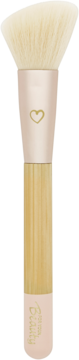 Angled Beauty Blender makeup brush: soft, light beige bristles, rose gold ferrule with a heart, wooden handle.