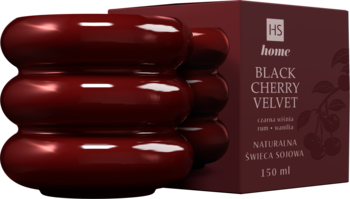 Naturalna świeca sojowa Black Cherry Velvet w błyszczącym bordowym pojemniku o segmentowanym kształcie, obok pudełko 150ml.