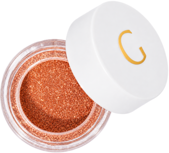 Otwarte opakowanie pigmentu Glamtes Rose Gold w słoiczku. Brokatowy różowo-złoty puder, biała nakrętka z logo.