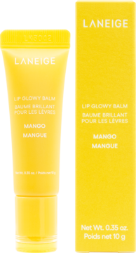 Żółty balsam do ust Laneige Lip Glowy Balm Mango w tubce i pudełku, z napisem marki, obok siebie.