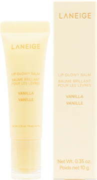 Waniliowy balsam do ust Laneige Lip Glowy Balm, tubka i pudełko w kolorze kremowym, stojące obok siebie.