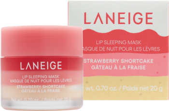 Laneige Lip Sleeping Mask Strawberry Shortcake w różowo-białym słoiczku z pasującym pudełkiem, widok z przodu.