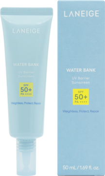 LANEIGE Water Bank UV Barrier Sunscreen SPF 50+ PA++++ w jasnoniebieskiej tubce obok jej pudełka, widok z przodu.