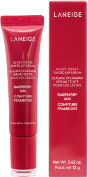 Laneige Glaze Craze Tinted Lip Serum Raspberry Jam 12g, czerwona tubka i pasujące pudełko, widok z przodu.