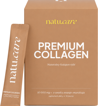 Natu.Care Premium Collagen mango-marakuja. Brązowe pudełko i saszetka z norweskim kolagenem rybim, 10000mg.