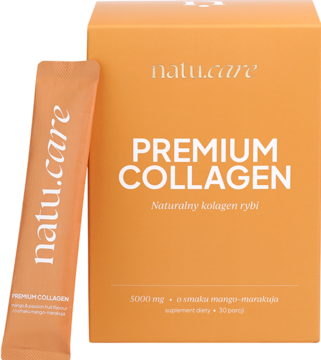 Natu.Care Premium Collagen, pomarańczowe pudełko i saszetka, rybi kolagen do picia mango-marakuja.