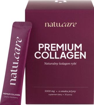 Natu.care Premium Collagen: ciemnoróżowe opakowanie suplementu diety z kolagenem rybim o smaku jeżyny i saszetka.