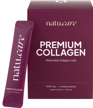 Purpurowe pudełko i saszetka Natu.Care Premium Collagen, suplement z kolagenem rybim, smak jeżyny.