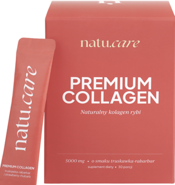 Czerwone opakowanie natu.care PREMIUM COLLAGEN z kolagenem rybim truskawka-rabarbar, obok saszetka.