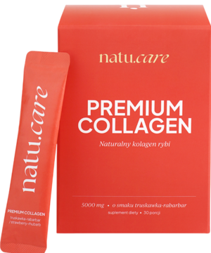 Czerwone opakowanie natu.care Premium Collagen, 5000 mg, truskawka-rabarbar z saszetką obok, widok z przodu.