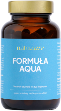 Bursztynowa butelka Natu.care FORMULA AQUA, suplement na drenaż, niebieska etykieta, widok frontalny.