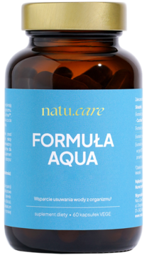 Natu.Care Formuła Aqua, suplement na retencję wody, w brązowej butelce z niebieską etykietą, widok z przodu.