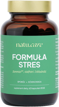 natu.care Formuła Stres, brązowa szklana butelka z zieloną etykietą i złotą zakrętką, widok z przodu.