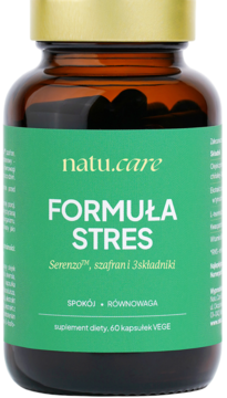 Brązowa butelka Natu.care Formuła Stres, 60 kapsułek VEGE, na spokój z szafranem, zielona etykieta, widok frontalny.