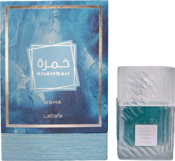 Lattafa Khamrah Waha woda perfumowana unisex: pudełko w morskie wzory i szklana, teksturowana butelka. Widok z przodu.