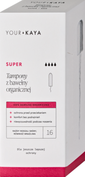 Białe pudełko YOUR KAYA Super Tampony z bawełny organicznej, 16 sztuk, wysoka chłonność (4 krople), z różowymi napisami, widok z przodu.
