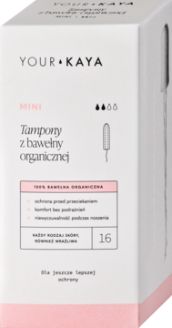 YOUR KAYA MINI, organiczne tampony w białym kartoniku, 16 sztuk, widok pod kątem z przodu i z boku.