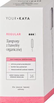 Tampony YOUR KAYA Regular z bawełny organicznej, białe pudełko z różowymi detalami, widok z przodu pod kątem.