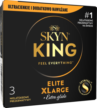 Czarna paczka prezerwatyw SKYN KING Elite XLARGE. Nielateksowe, ultracienkie i dodatkowo nawilżane. Widok z przodu.