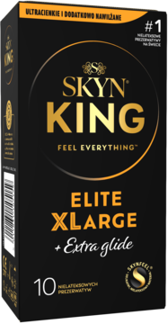 SKYN KING Elite XLARGE Extra Glide nielateksowe prezerwatywy w czarnej paczce, dodatkowo nawilżane, widok z przodu.