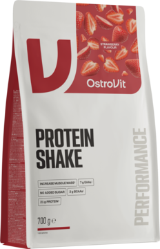 OstroVit Protein Shake, truskawkowy, biało-czerwona torebka z truskawkami, widok z przodu, 700g.