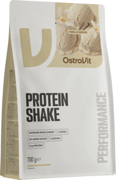 Biała torba OstroVit Protein Shake waniliowy, widok z przodu, z lodami i napisami '21g protein', '700ge'.