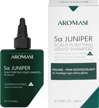 Aromase 5α Juniper Scalp Purifying Liquid Shampoo, ciemnozielona butelka i białe pudełko. Peeling do skóry głowy.