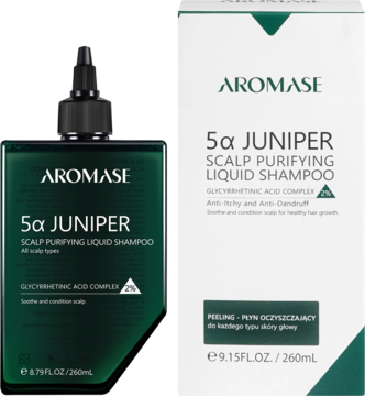 Aromase 5α Juniper szampon peelingujący do skóry głowy, zielona butelka i białe pudełko, widok z przodu.