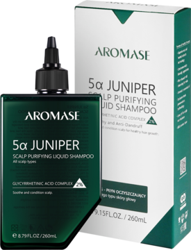 Ciemnozielona butelka AROMASE 5α JUNIPER Scalp Purifying Liquid Shampoo i pudełko, widok z przodu.