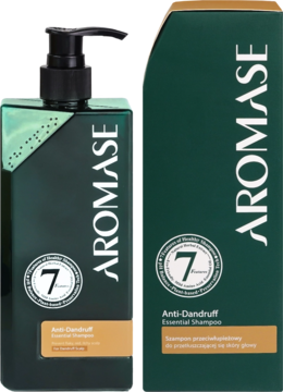 Aromase szampon przeciwłupieżowy w ciemnozielonej butelce z pompką i pudełku obok, widok z przodu.