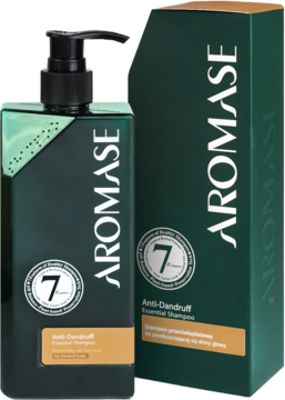 AROMASE Anti-Dandruff Essential Shampoo dla skóry przetłuszczającej się, ciemnozielony, z pudełkiem, z przodu.