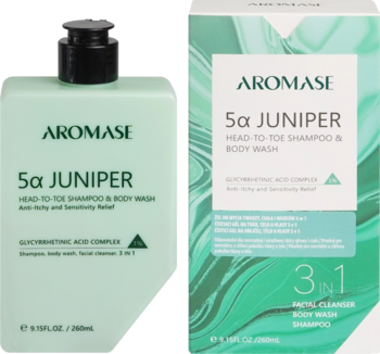 Aromase 5α Juniper 3w1 szampon i żel, zielona butelka z pompką i opakowanie na czarnym tle.