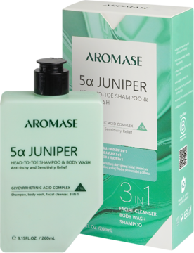 Widok z przodu: zielony szampon AROMASE 5α Juniper 3w1 z pompką i pudełko Head-To-Toe Shampoo & Body Wash.