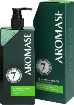 Ciemnozielony szampon AROMASE 5α Anti-Oil do przetłuszczającej się skóry głowy z pompką i pudełkiem.