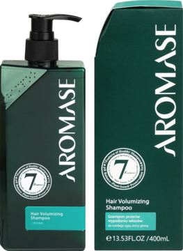 Ciemnozielony szampon Aromase Hair Volumizing Shampoo w butelce i pudełku, widok z przodu, zwiększający objętość.