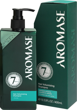 Trychologiczny szampon AROMASE Hair Volumizing w ciemnozielonej butelce z pompką, z pasującym pudełkiem w tle.